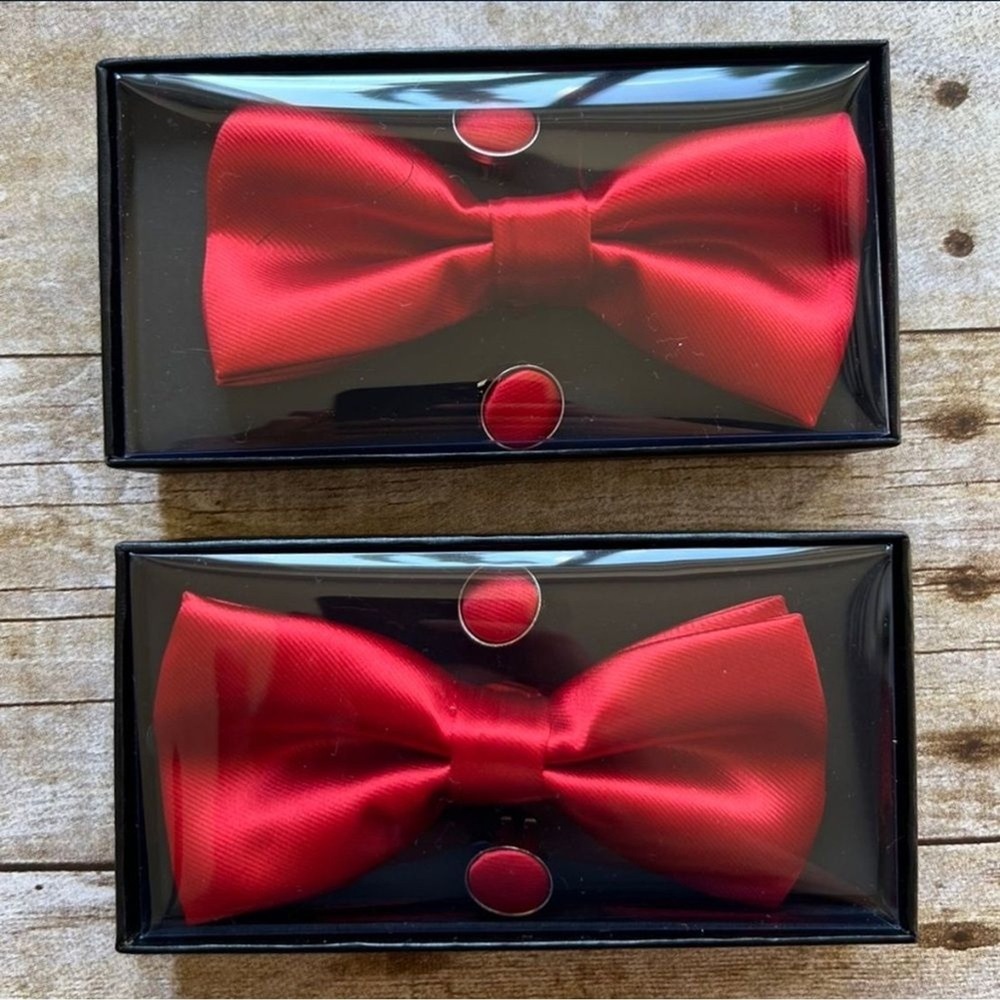 JEMYGINS Mens Red Bow Tie Pocket Square Cufflinks Set‎ Formal Wedding Ribbed